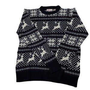Astor One Mens XL Navy Blue Fair Isle Reindeer Snowflake Acrylic Knit Sweater